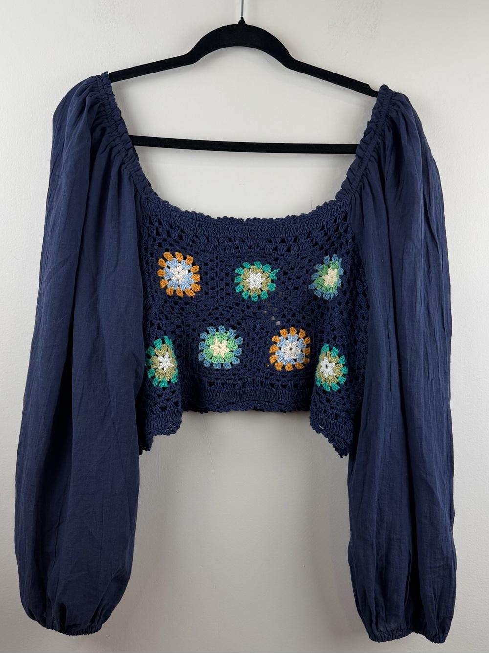 Aerie Navy Blue Crochet Floral Vacay 100% Cotton Crop Top Size XL  NWT MSRP $45
